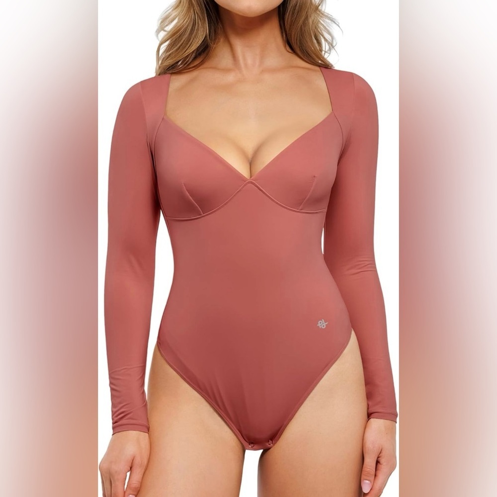 Popilush Womenโs Long Sleeve Thong Shapewear Bodysuit Tummy Control V Neck Shirt